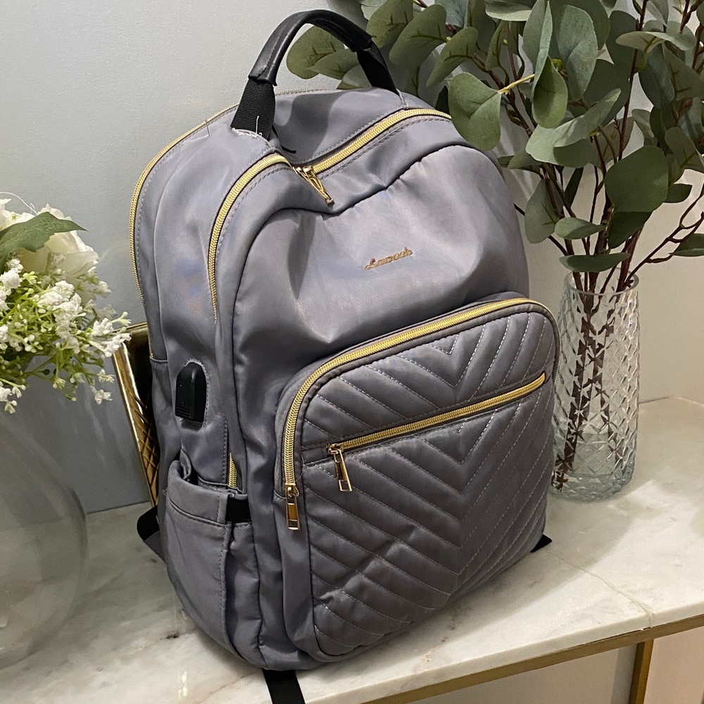 LeSportsac Metallic Gray Backpack with Gold Accents